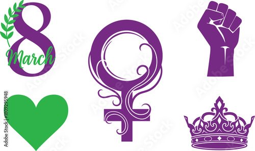 International women s day symbols including number 8 female symbol fist heart and crown
