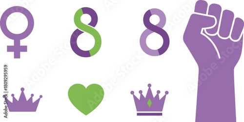International women s day symbols including female symbol number 8 fist crowns and heart