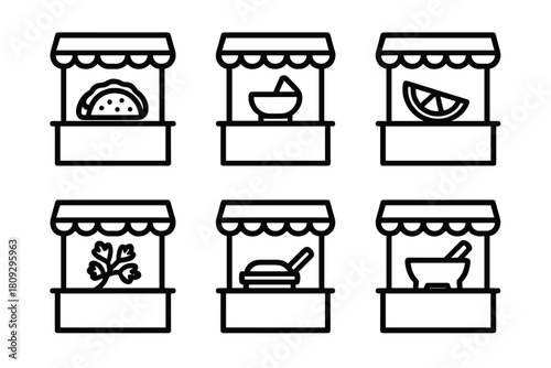 Minimalist line art symbols depicting various street food market stalls and cooking ingredients