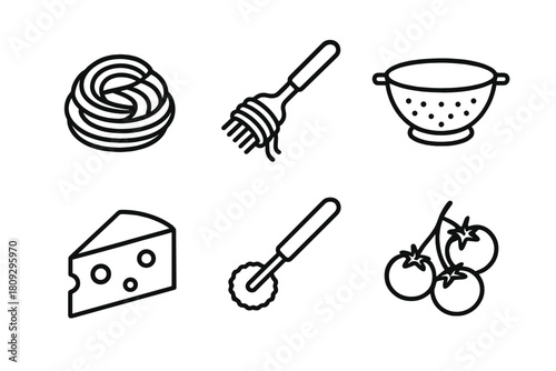 Minimalist line icons of classic Italian cuisine ingredients and kitchen preparation tools