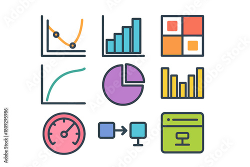 Colorful set of nine data analysis and business report elements including charts, graphs, and metrics