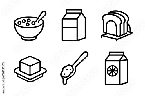 Six common breakfast food items depicted as simple black outline icons