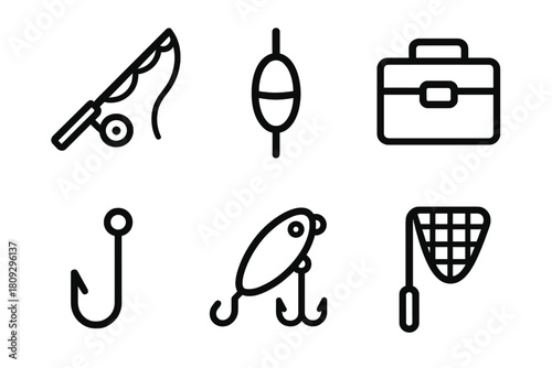 Outline icons of fishing equipment including rod, reel, hook, lure, bobber, and tackle box