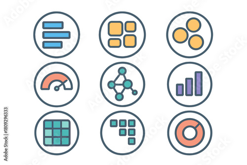 Colorful data analytics and business interface symbols for reports and dashboards