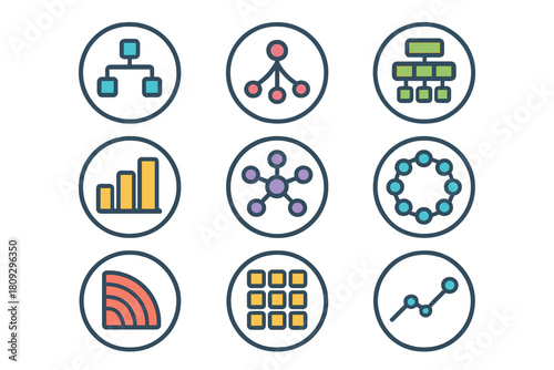 Set of nine colorful business data icons featuring charts, diagrams, and network symbols