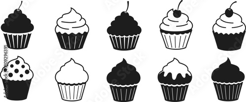 Black and white cupcake illustration, dessert sketch, bakery art, sweet treat drawing, cupcake design, frosting decoration, pastry outline, food graphicBlack 