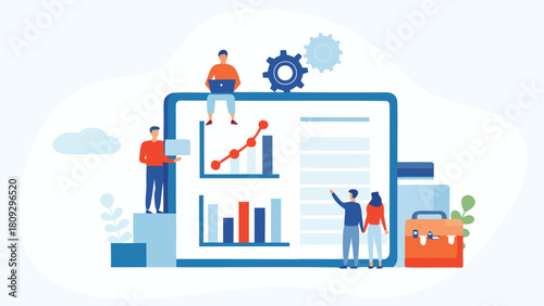 Diverse office team collaborating on a project brainstorming ideas and achieving goals together in a modern workspace illustration