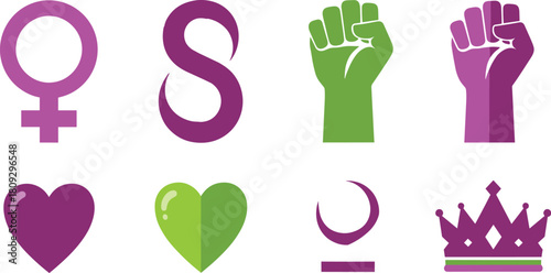 Collection of feminist symbols and icons representing empowerment and equality