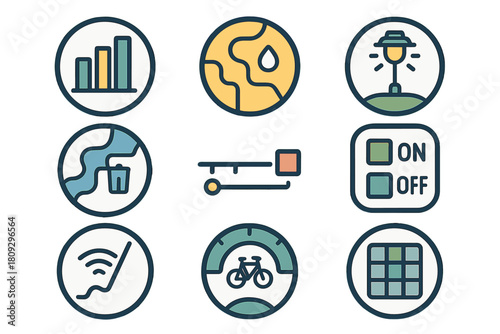 Collection of modern icons representing smart technology, sustainability, and urban planning concepts