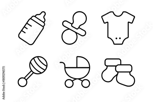Essential newborn baby accessories including feeding bottle, pacifier, stroller, rattle, and clothing