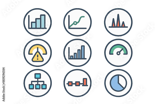 Nine colorful icons for data analysis, business charts, graphs, and performance indicators