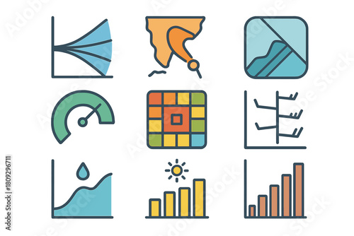 Colorful Data Visualization Icons Set with Bar Charts, Line Graphs, and Gauges