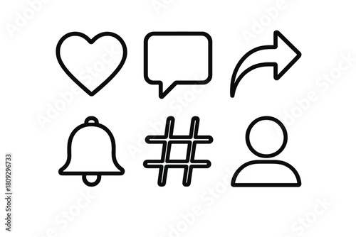Outline icons set for social media engagement including like, comment, share, notification, and profile symbols