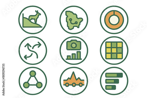 Set of nine circular icons covering wildlife, geography, data visualization, and networking concepts