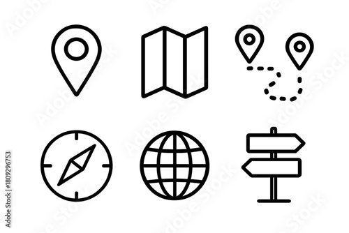 Set of essential symbols for navigation, location tracking, and travel planning
