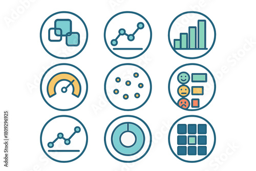 Data visualization icons set for business analysis, featuring graphs, charts, metrics, and customer feedback