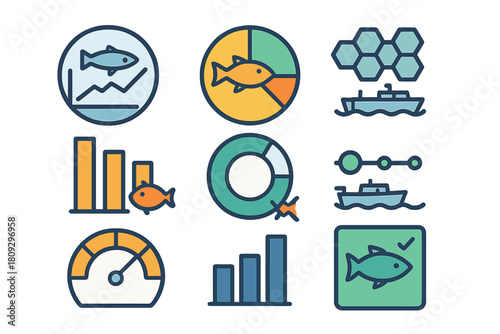 Data visualization icons for fishing industry management, marine conservation, and aquaculture statistics