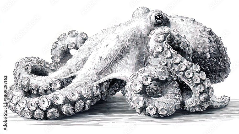 Obraz premium Detailed grayscale illustration of an octopus, tentacles curling, suction cups visible