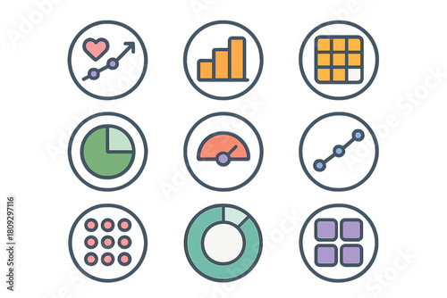 Colorful data visualization and dashboard icons set for business analytics