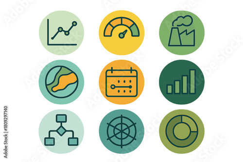 Essential icons set covering business analytics planning and environmental impact