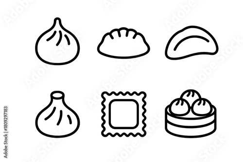 Outline icons set featuring various types of dumplings, ravioli, and steamed dim sum