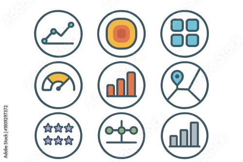Colorful collection of nine business and data analysis icons including charts graphs location and rating stars