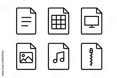 Six outline icons representing digital : document, spreadsheet, video, image, audio, and compressed archive
