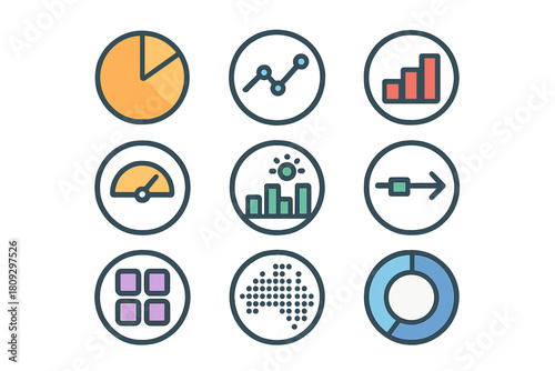 Colorful set of nine data visualization symbols for business statistics and metrics