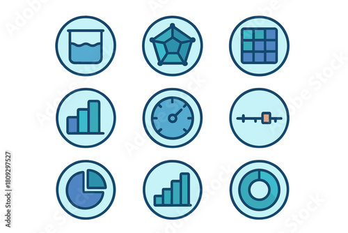Nine modern business and scientific data analysis icons collection in blue tones