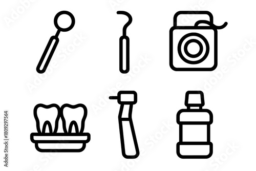 Dental care outline icons set featuring tools, floss, mouthwash, and teeth model
