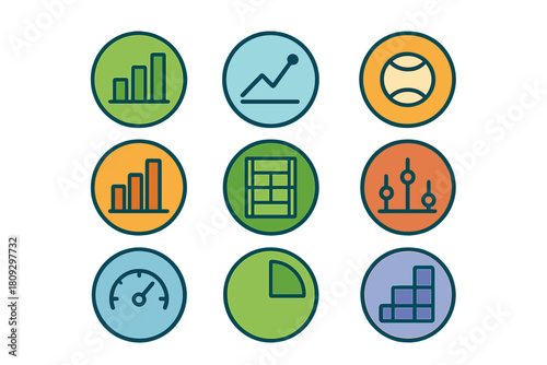 Colorful data analytics and business statistics icons for dashboards and reports