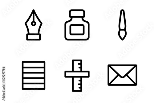 Fountain pen, ink bottle, paintbrush, ruler, and envelope symbols for design and writing tools