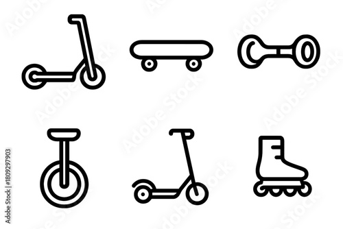 Outline icons set of wheeled personal transportation devices like scooters and skates