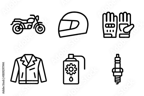 Essential motorcycle accessories, protective safety gear, and mechanical components