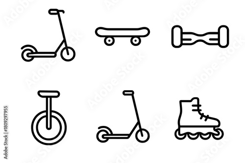 Set of outline icons for wheeled recreational and personal mobility devices