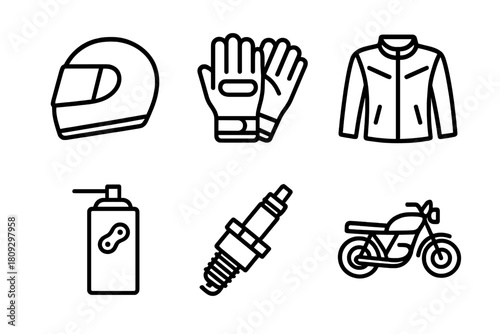 Essential motorcycle riding gear, protective clothing, and engine maintenance components set