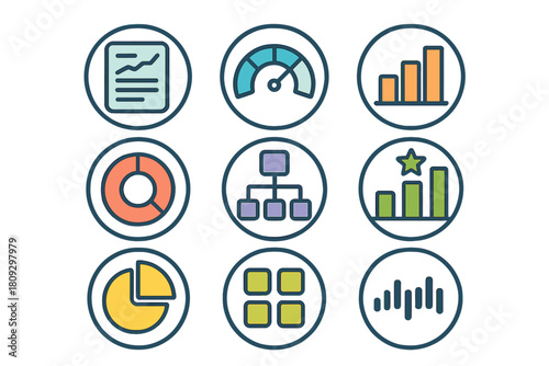 Business data analysis icons set with bar charts pie graphs performance gauges and diagrams