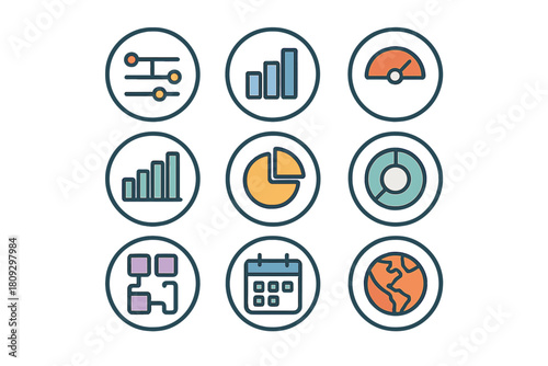 Set of nine colorful symbols representing business analytics and data visualization concepts