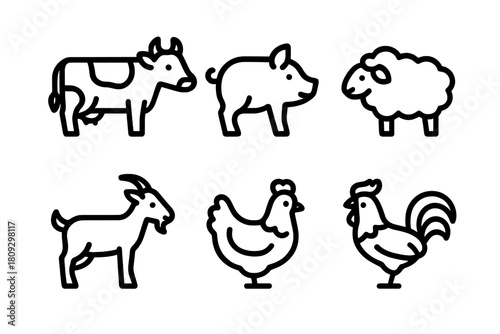 Minimalist outline set of common domestic farm animals including cow pig sheep goat hen and rooster