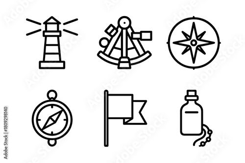 Maritime navigation and exploration symbols set featuring lighthouse, compass, and sextant