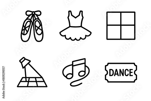 Ballet and dance performance symbols including pointe shoes, tutu, stage, and music notes