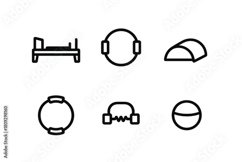 Minimal outline icons set of furniture, audio, camping, and fitness symbols