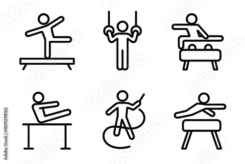 Gymnasts performing exercises on rings, pommel horse, vaulting table, and floor apparatus