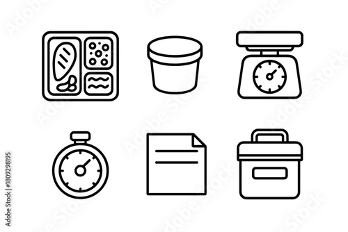 Line icons set for healthy eating, meal planning, kitchen measurement, and fitness tracking