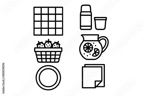 Essential line symbols for a summer picnic including food, drink, and dining accessories