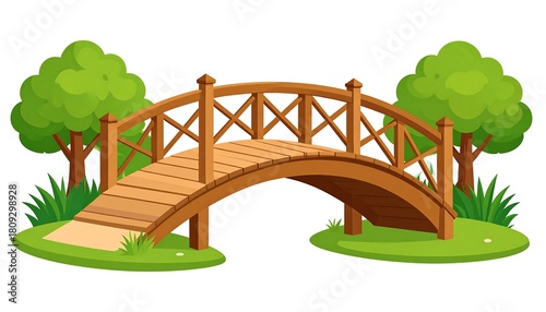 Illustration of a wooden arched bridge with green trees and grass, isolated on a white background in cartoon style
