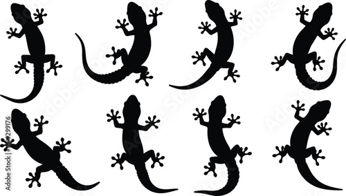 Black gecko lizard silhouettes set isolated on white background, reptile animal illustration collection for wildlife design, nature graphics, decoration, and artwork