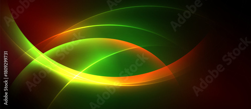 Abstract vibrant curves, glowing lines. Green, yellow, red hues blend into dark background. Dynamic energy radiates from center.