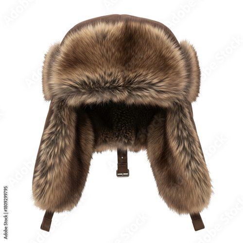 A stylish brown winter hat with soft fur trim and ear flaps ready for cold weather isolated on a black background