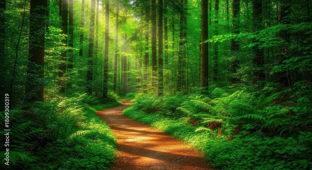Fototapeta premium Sunlight streams through the trees along a path in a lush green forest